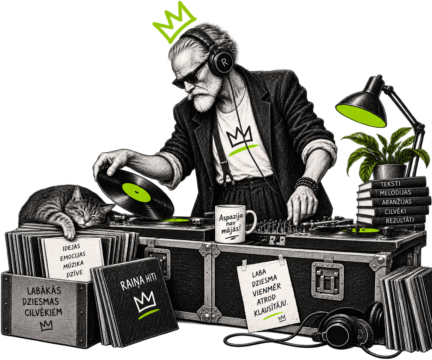 Rainis pie DJ pults starp vinilplašu kastēm